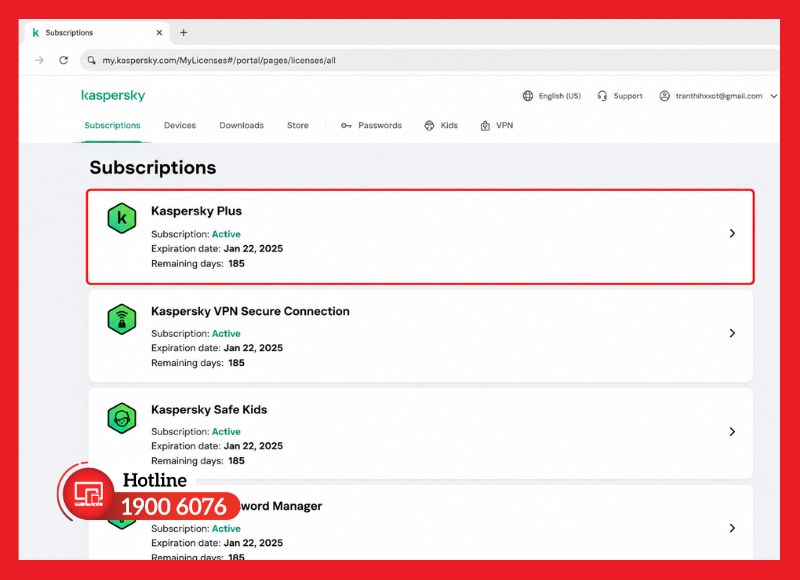 Mở gói Kaspersky Plus trong mục Subscriptions