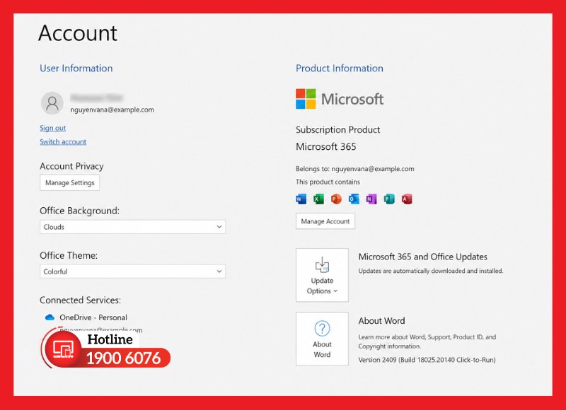 Office bản quyền thường hiển thị tài khoản Microsoft đang sở hữu license