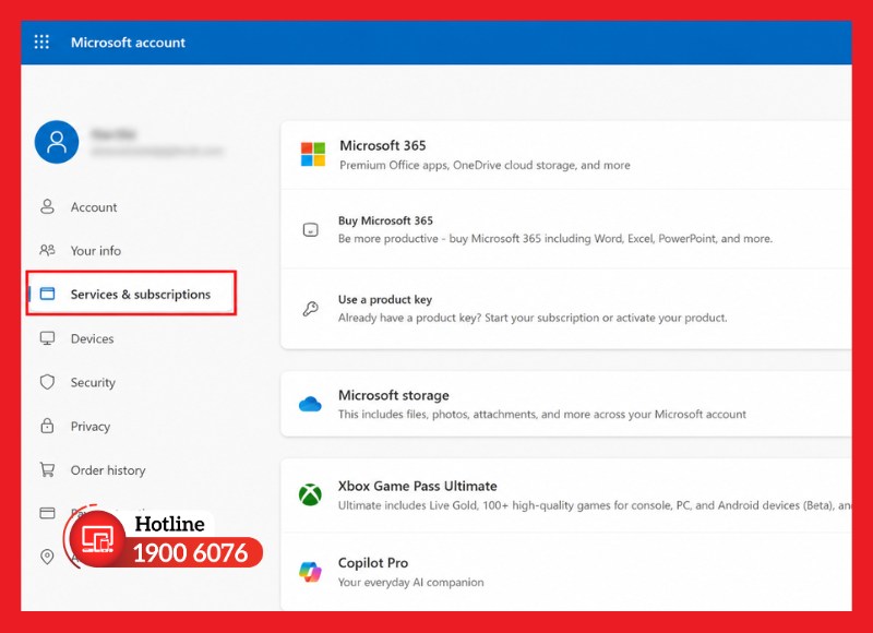 Xác minh bản quyền thông qua trang quản trị tài khoản Microsoft chính chủ