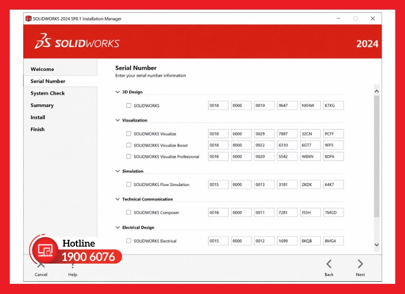 Nhập Serial Number để xác thực giấy phép SOLIDWORKS