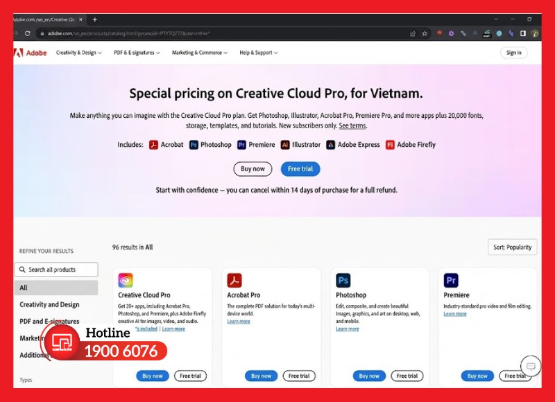 Truy cập đúng website chính thức của Adobe