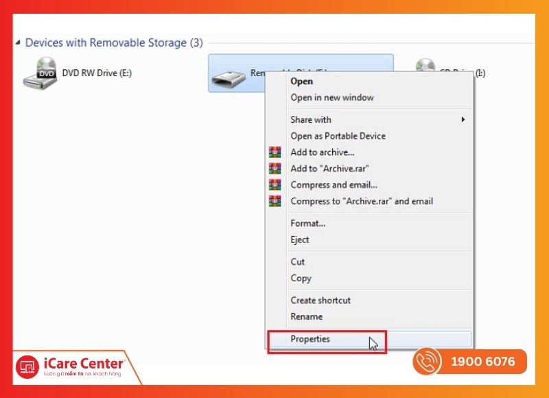 Vào Properties để xem dung lượng đã sử dụng và còn trống