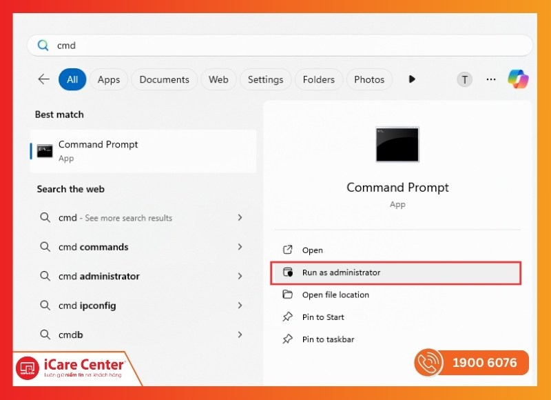 Gõ “cmd” vào ô tìm kiếm của Windows để mở Command Prompt 
