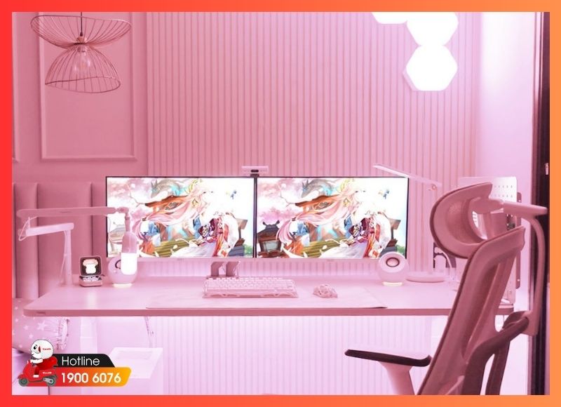 Hoàn thiện góc setup trắng hồng hiện đại