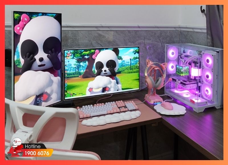 Setup góc máy tone trắng hồng với nhiều thiết bị đồng bộ