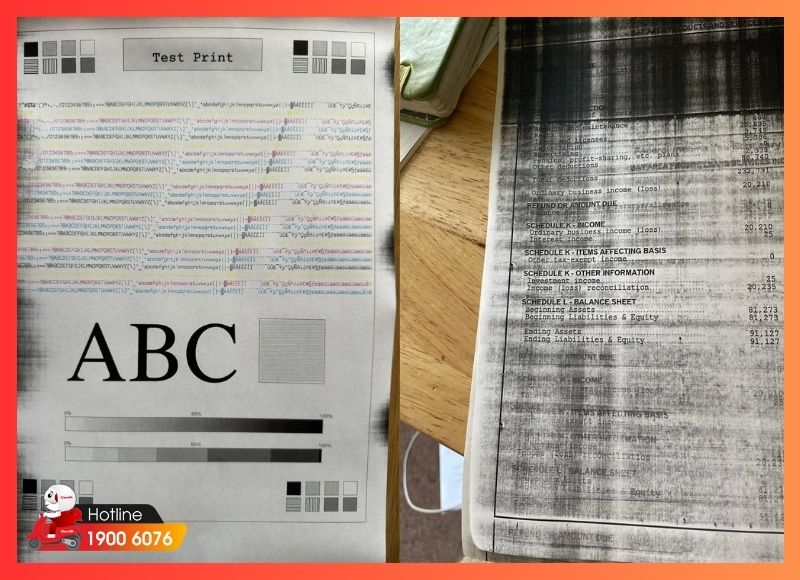 Bản in mờ, lem mực và sọc đen trên giấy in