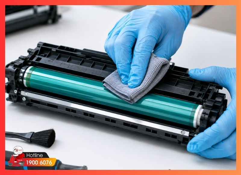 Vệ sinh trống máy in bằng chổi hoặc vải mềm 