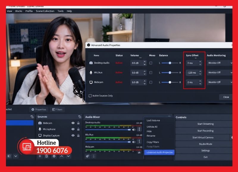 Cột Sync Offset trong Advanced Audio Properties của OBS