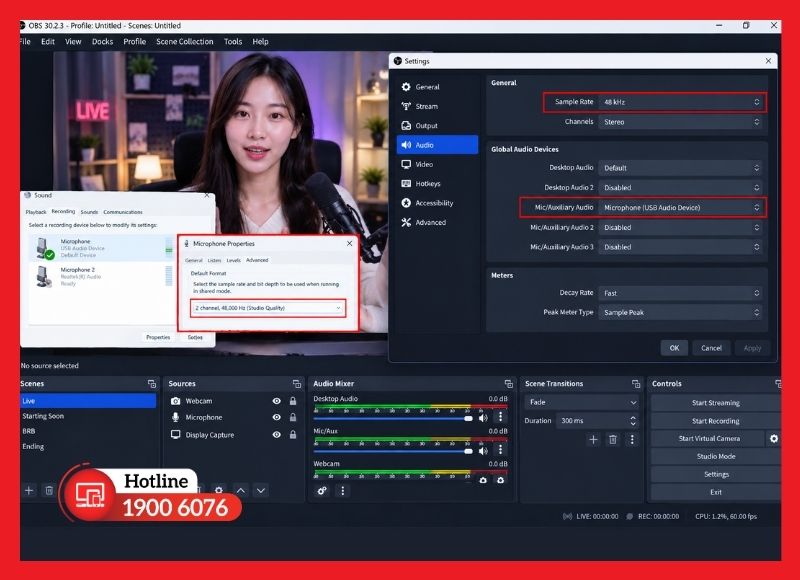 Cài đặt Sample Rate 48 kHz trong mục Audio của phần mềm livestream