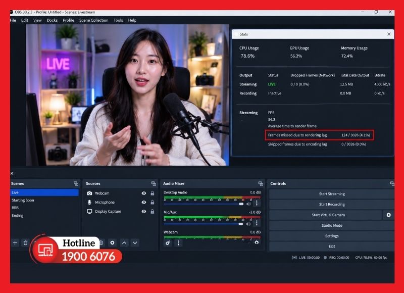 Bảng Stats của OBS hiển thị khung hình bị bỏ do quá tải