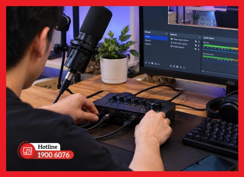 Kiểm tra micro, soundcard và dây cáp kết nối trên bàn livestream