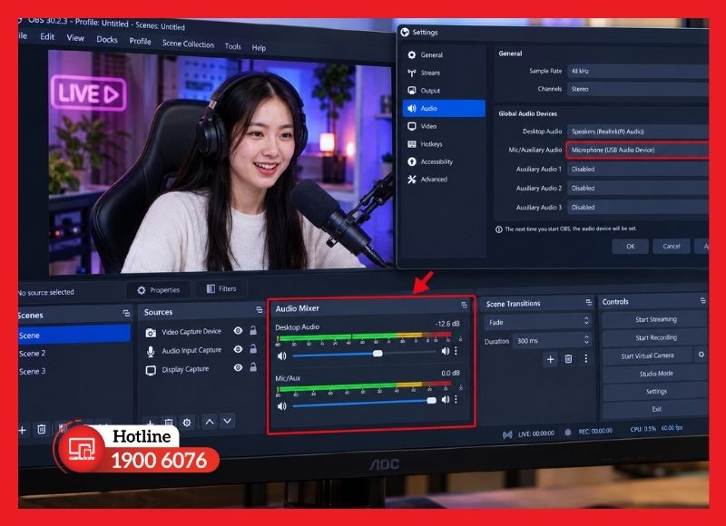 Thanh Audio Mixer và mục chọn thiết bị âm thanh trong OBS Studio