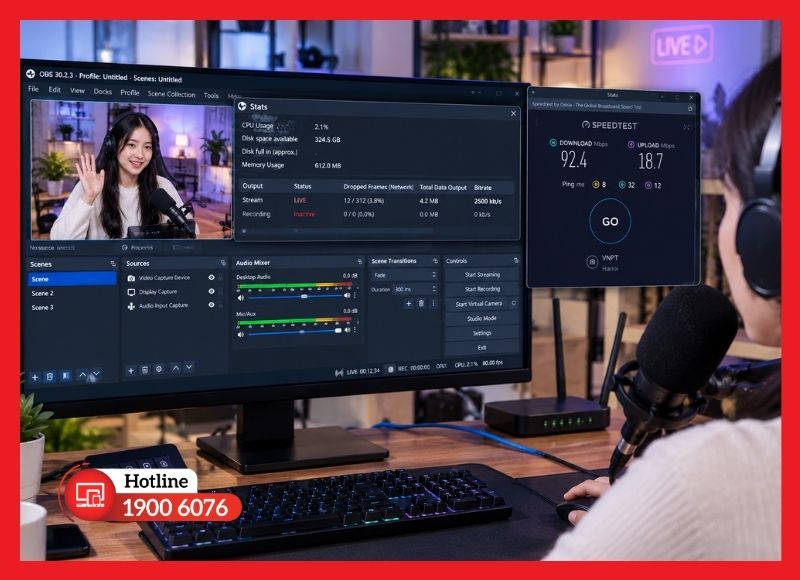 Kiểm tra tốc độ upload và chỉ số dropped frames khi livestream
