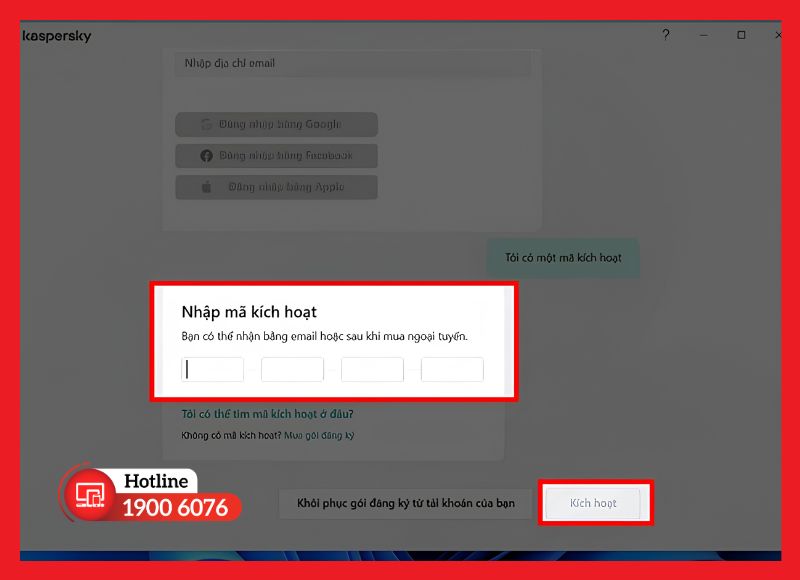 Chọn khu vực của bạn (Việt Nam) và nhập mã kích hoạt bản quyền Kaspersky