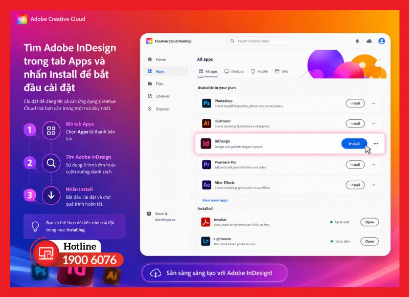 Tìm Adobe InDesign trong tab Apps và nhấn Install để bắt đầu cài đặt