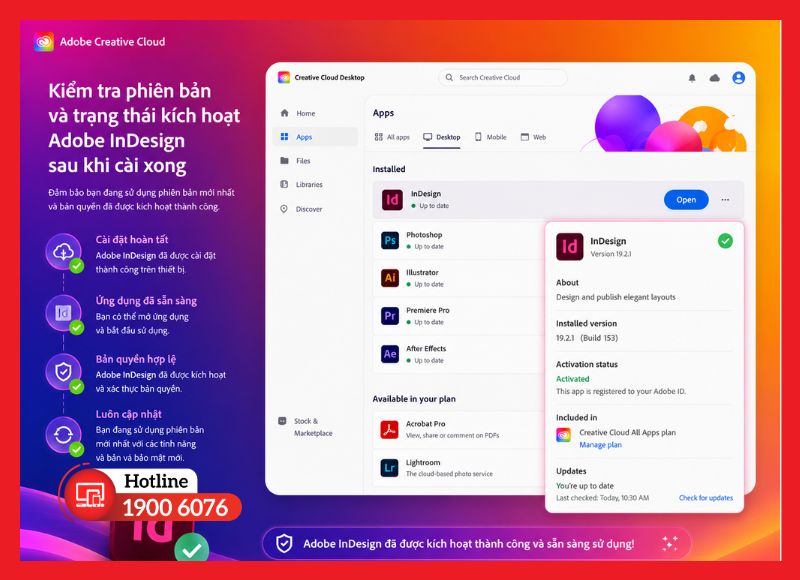 Kiểm tra phiên bản và trạng thái kích hoạt Adobe InDesign sau khi cài xong