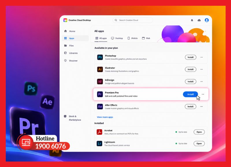 Tìm Adobe Premiere Pro trong tab Apps và nhấn Install để bắt đầu cài đặt