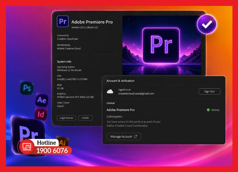 Kiểm tra phiên bản và trạng thái kích hoạt Adobe Premiere Pro sau khi cài xong