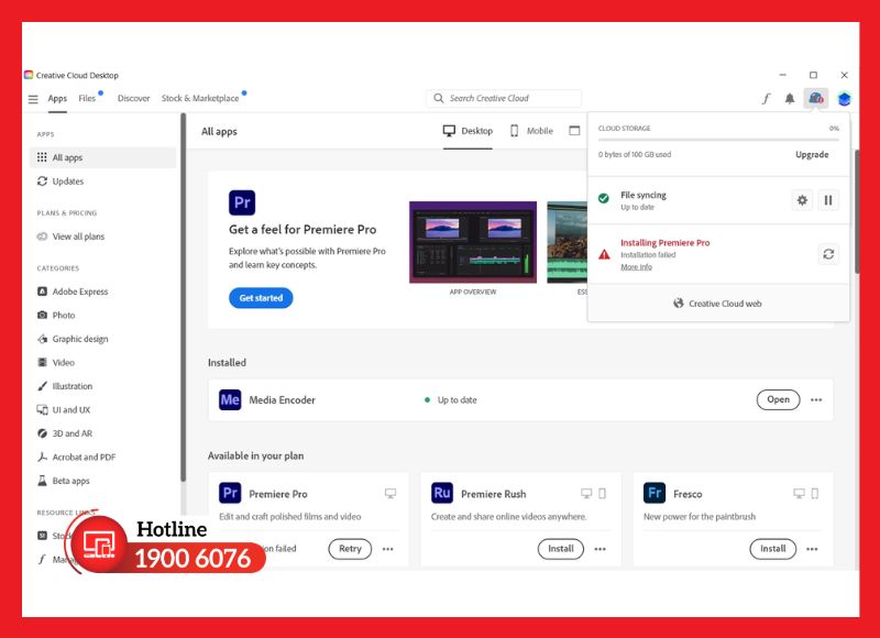 Lỗi cài đặt Premiere Pro bị dừng giữa chừng