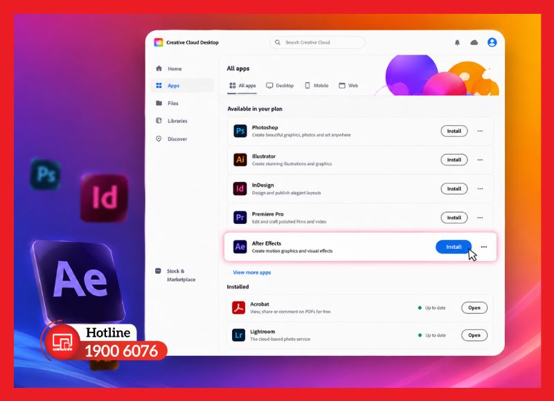 Tìm After Effects trong tab Apps và nhấn Install để bắt đầu cài đặt