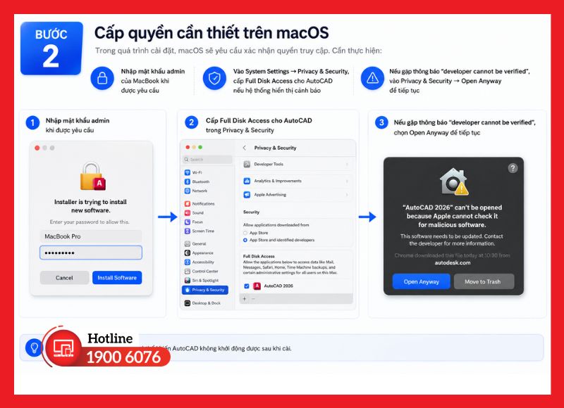 Cấp quyền truy cập cho AutoCAD trong Privacy & Security trên macOS