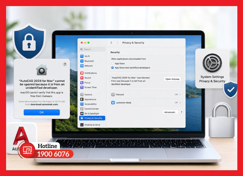 Cấp quyền cho AutoCAD trong Privacy & Security khi bị Gatekeeper chặn
