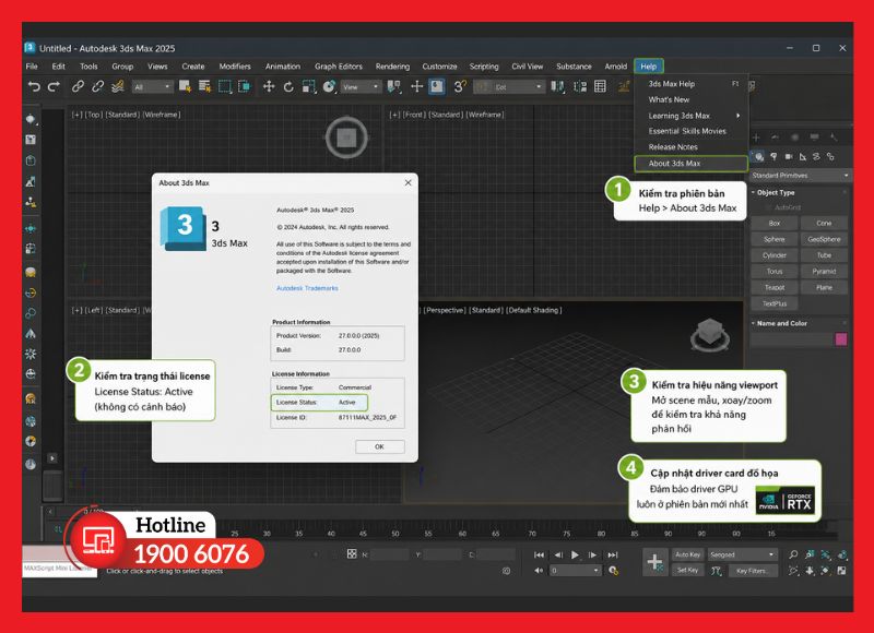 Kiểm tra phiên bản và trạng thái license sau khi cài đặt 3Ds Max