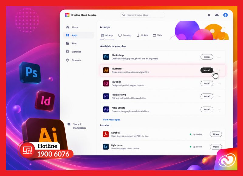 Giao diện tab Apps trên Creative Cloud - nhấn Install để bắt đầu cài Adobe Illustrator