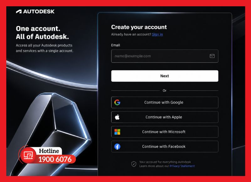 Màn hình đăng ký tài khoản Autodesk trên trang chủ chính thức