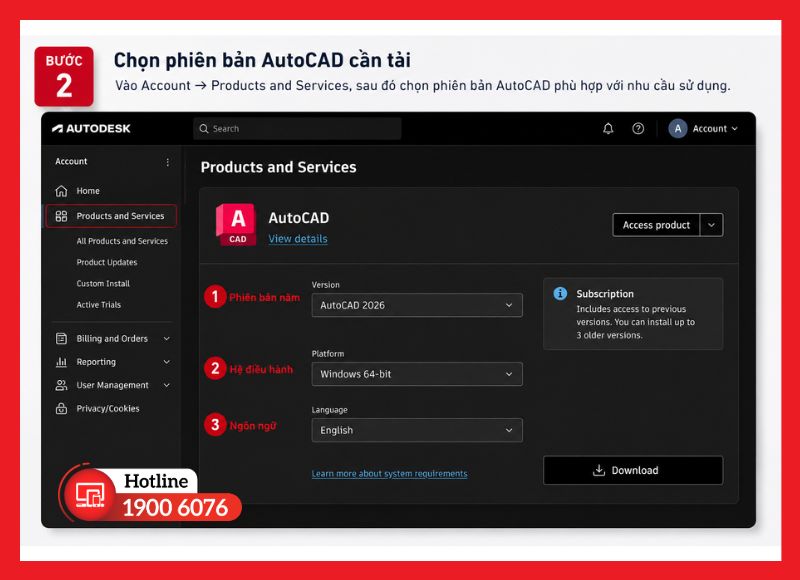 Giao diện chọn phiên bản AutoCAD trong tài khoản Autodesk