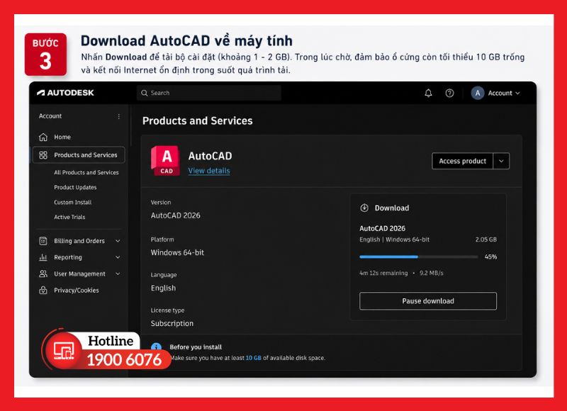 Màn hình tải bộ cài đặt AutoCAD 2026 từ Autodesk