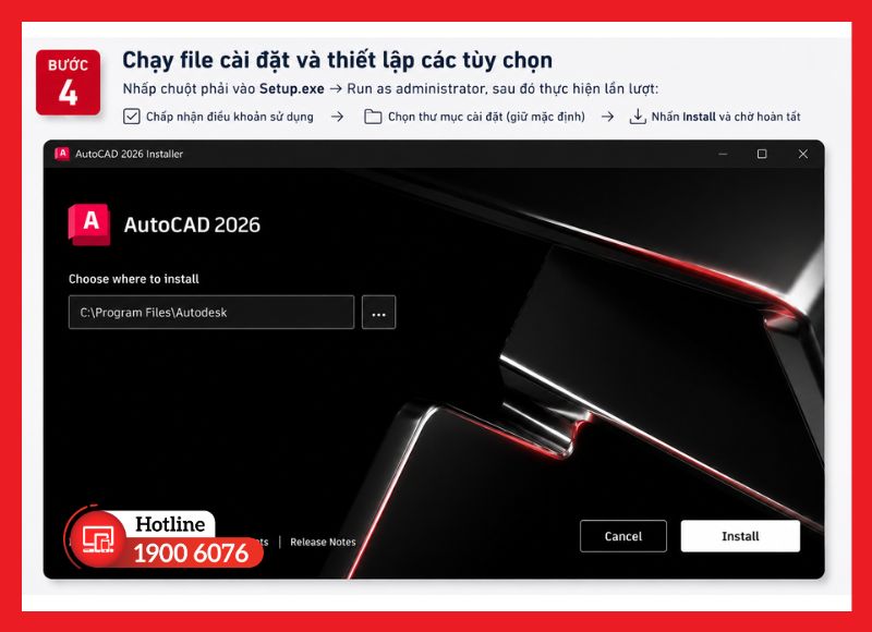 Giao diện trình cài đặt AutoCAD - chọn Install để bắt đầu
