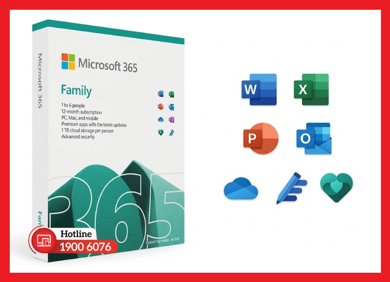 Office 365 Family tích hợp đầy đủ ứng dụng Office và 1TB OneDrive cho mỗi thành viên