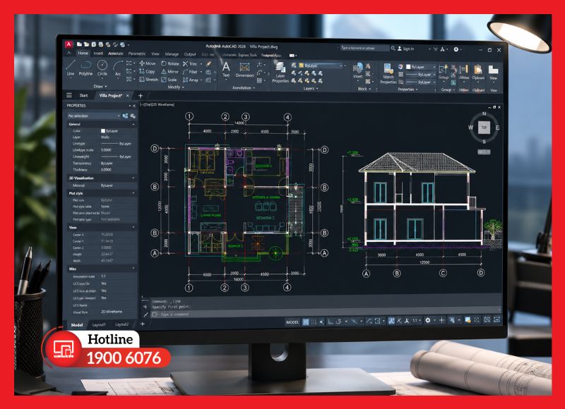 Giao diện làm việc và bản vẽ kỹ thuật được tạo bằng phần mềm AutoCAD