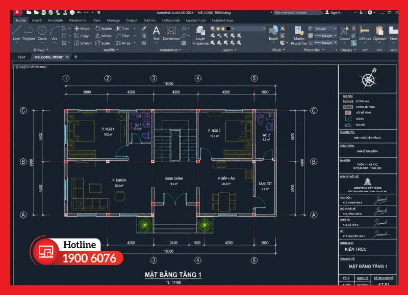 Bản vẽ mặt bằng công trình được thể hiện trong không gian AutoCAD 2D
