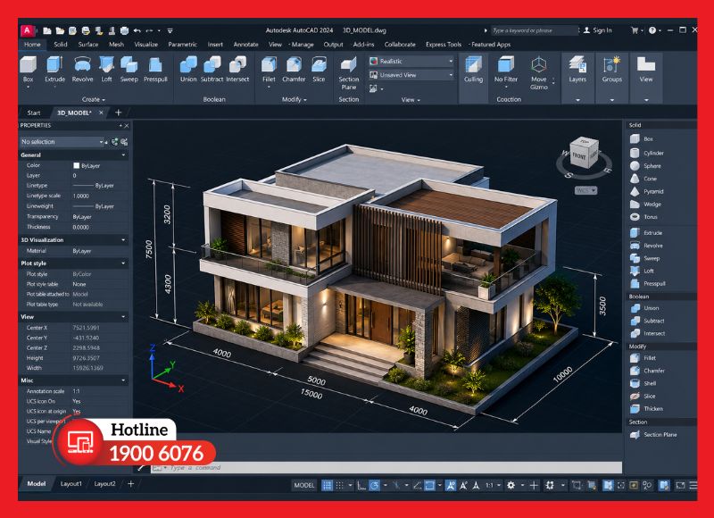 Mô hình khối 3D được dựng trong AutoCAD bằng công cụ Extrude, Revolve