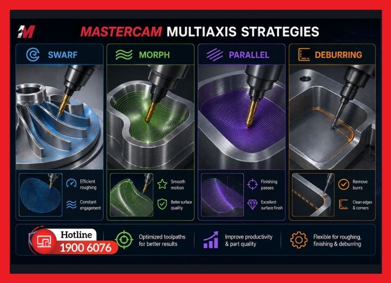 Các chiến lược Swarf, Morph, Parallel, Deburring trong Mastercam Multiaxis