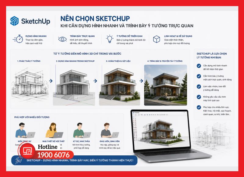 Nên chọn SketchUp khi cần dựng hình nhanh và trình bày ý tưởng trực quan