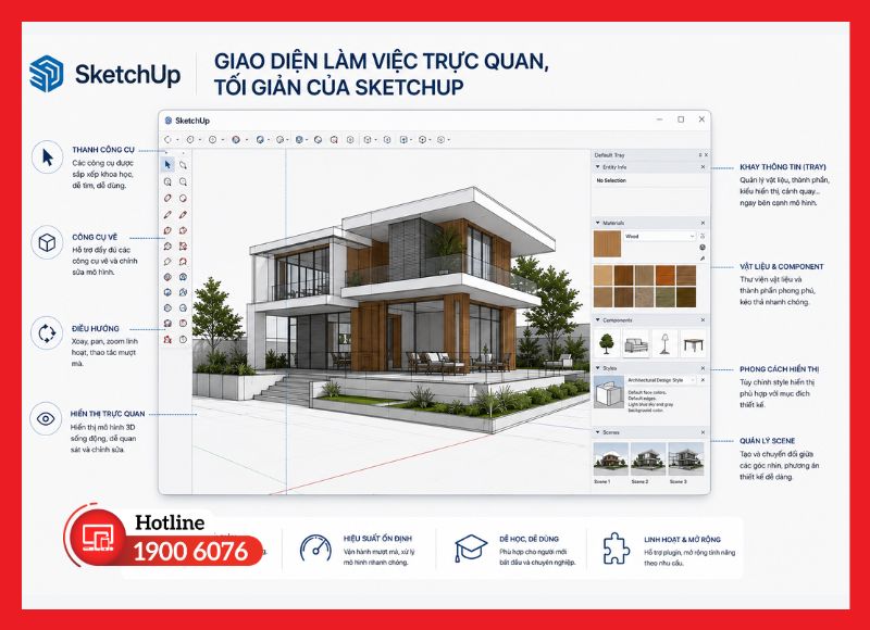 Giao diện làm việc trực quan, tối giản của SketchUp