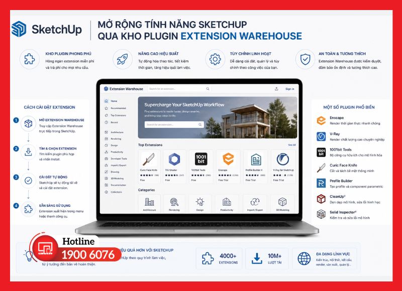 Mở rộng tính năng SketchUp qua kho plugin Extension Warehouse