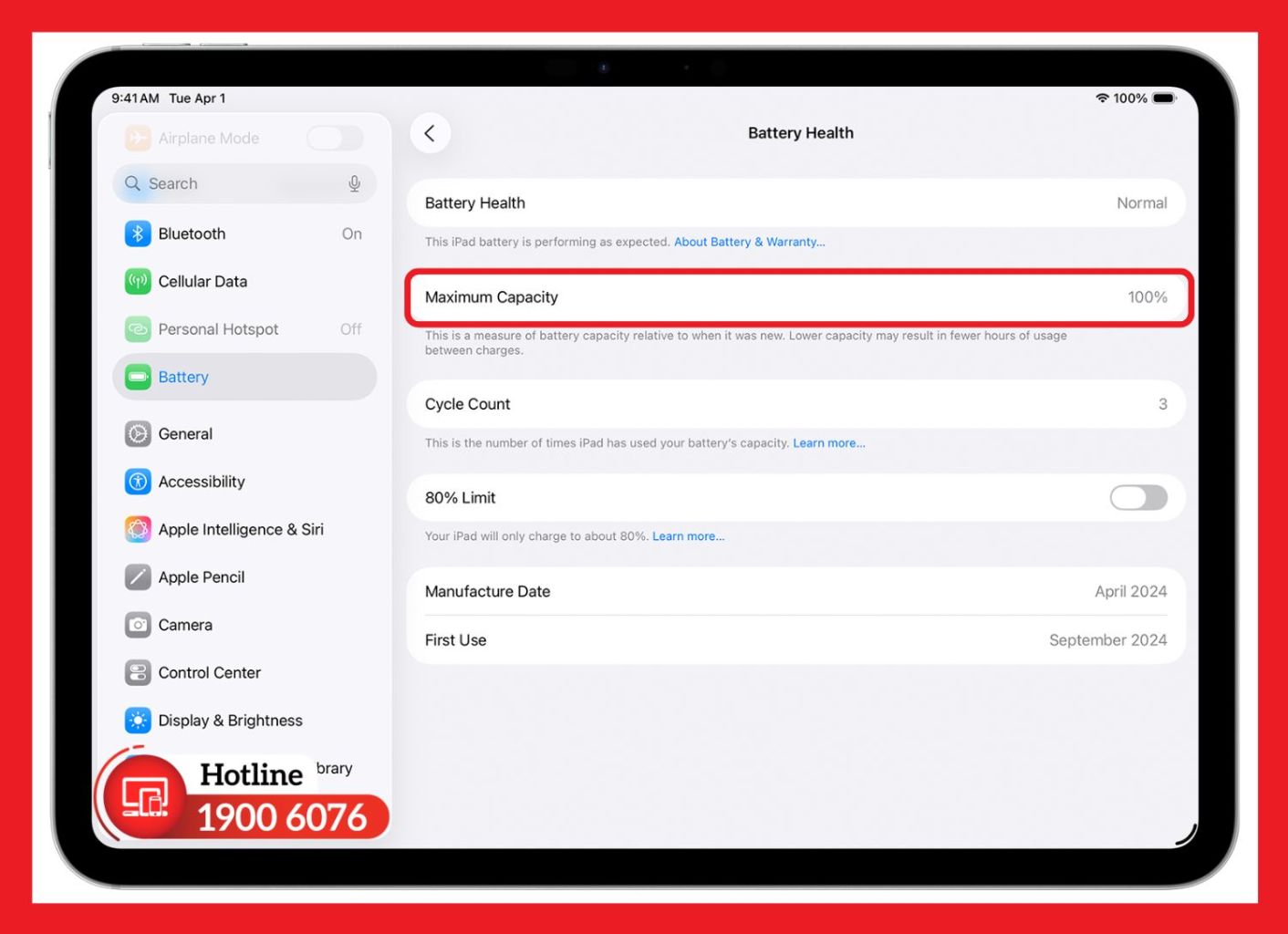 Xem dung lượng tối đa pin iPad ngay trong Cài đặt