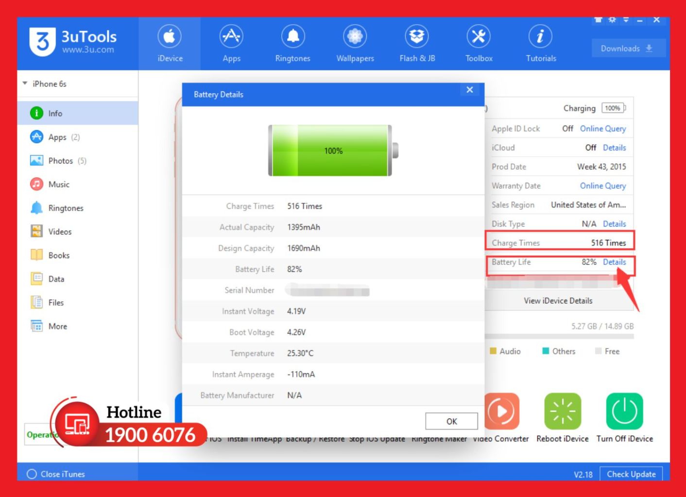 Phần mềm 3uTools hiển thị số chu kỳ sạc pin iPad chi tiết