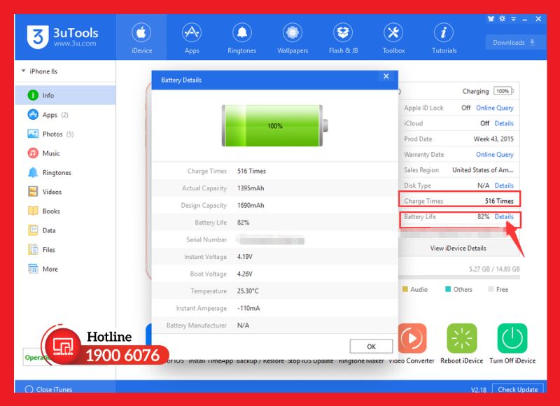 Kiểm tra pin iPad bằng phần mềm 3uTools trên máy tính Windows