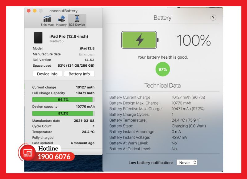 Kiểm tra tình trạng pin iPad bằng phần mềm CoconutBattery trên máy tính