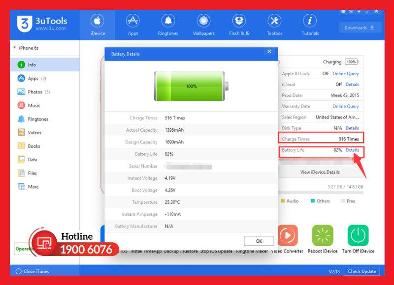 Kiểm tra số lần sạc iPad bằng 3uTools trên Windows