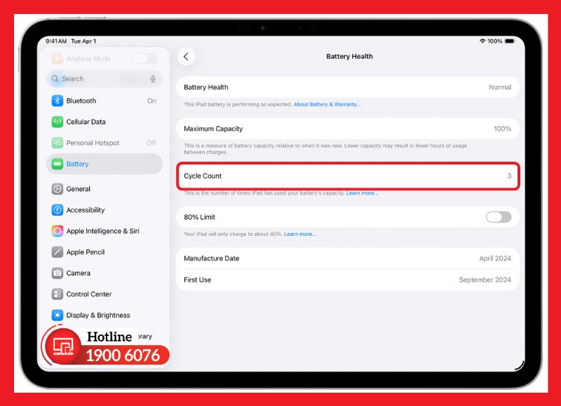 Số chu kỳ sạc giúp đánh giá tình trạng pin iPad