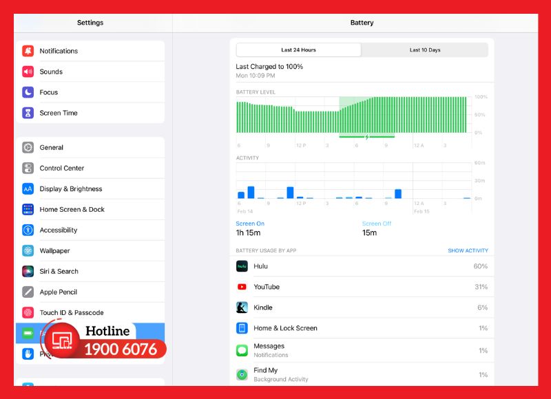 Lần sạc gần nhất và chu kỳ pin hiển thị trên iPad