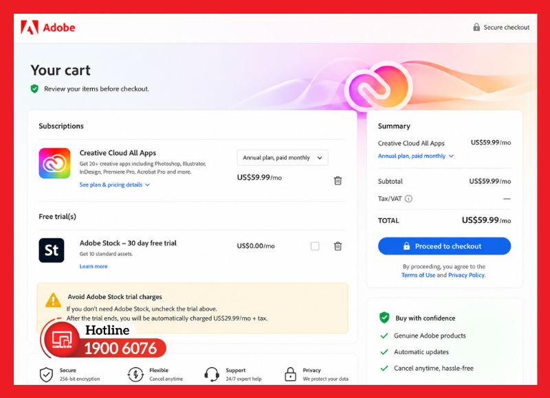 Kiểm tra giỏ hàng Adobe trước khi thanh toán - tránh phí Adobe Stock trial