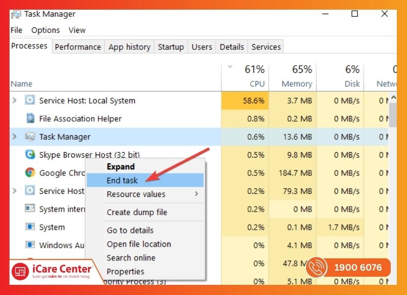 Task Manager hiển thị tiến trình chạy Windows