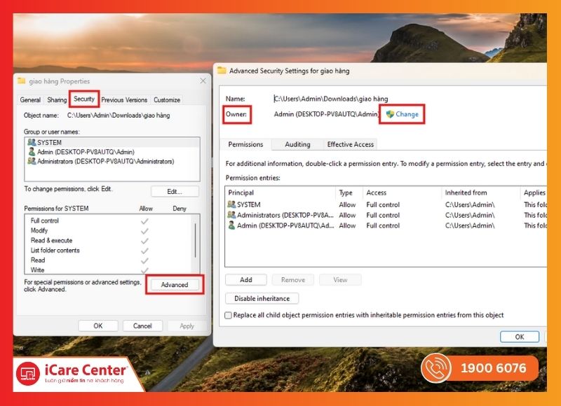 Full Control quyền xóa file Windows